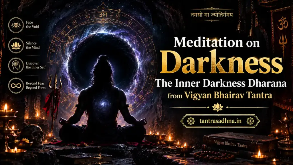 Meditator sitting in darkness practicing inner awareness